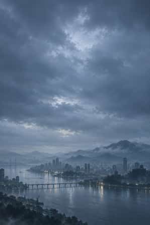 A river metropolis in the rain